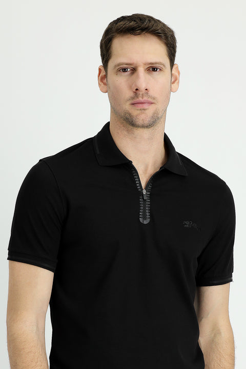 Siyah Polo Yaka Slim Fit Dar Kesim Fermuarlı Baskılı Pamuklu Tişört
