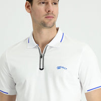 White Polo Collar Slim Fit Narrow Cut Zip-Up Printed T-Shirt
