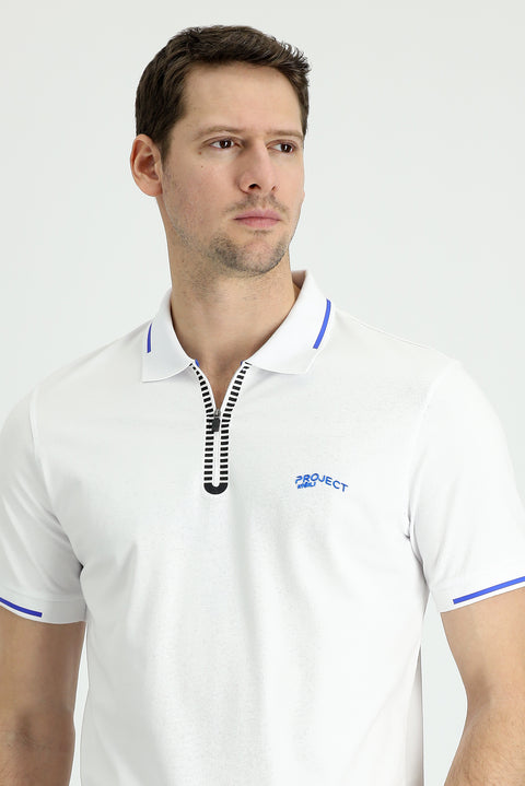 White Polo Collar Slim Fit Narrow Cut Zip-Up Printed T-Shirt