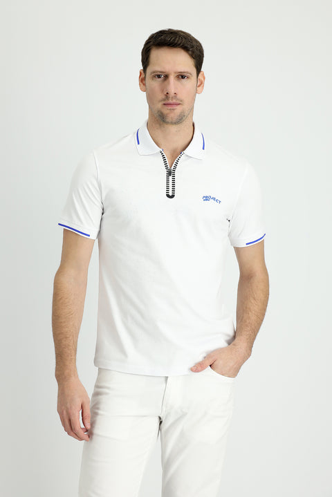 White Polo Collar Slim Fit Narrow Cut Zip-Up Printed T-Shirt
