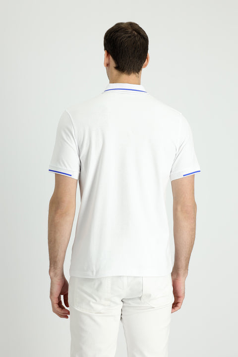 White Polo Collar Slim Fit Narrow Cut Zip-Up Printed T-Shirt