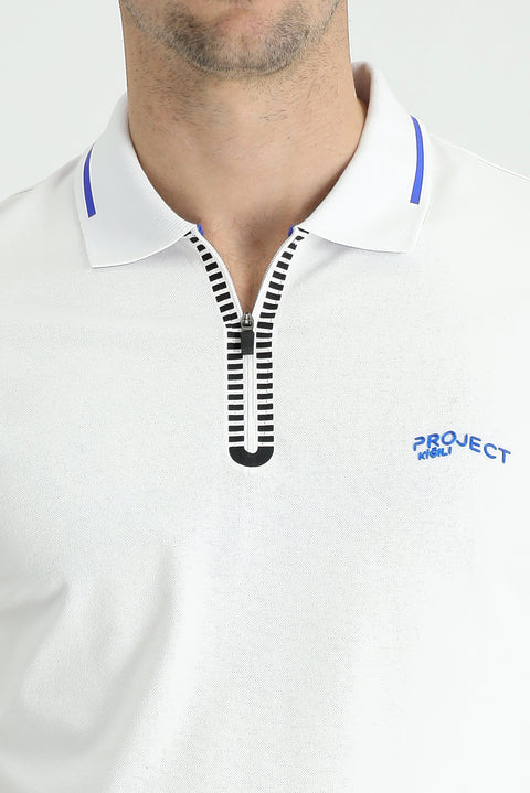 White Polo Collar Slim Fit Narrow Cut Zip-Up Printed T-Shirt