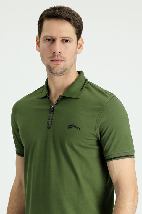 Orta Haki Polo Yaka Slim Fit Dar Kesim Fermuarlı Baskılı Tişört