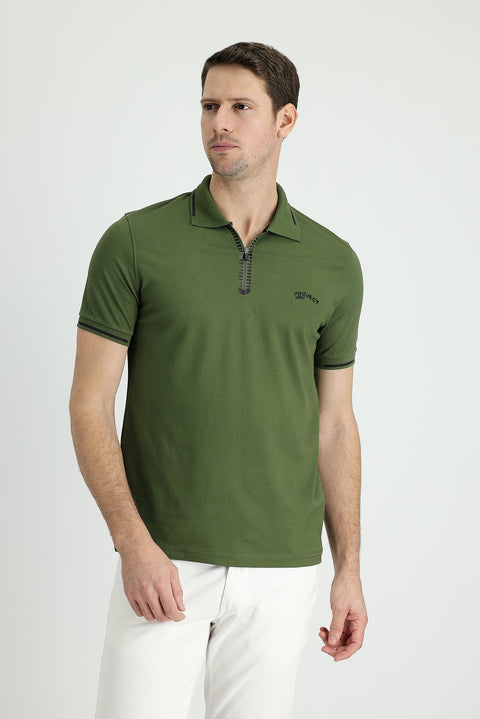 Orta Haki Polo Yaka Slim Fit Dar Kesim Fermuarlı Baskılı Tişört