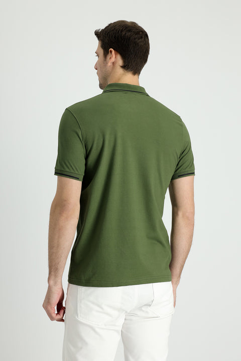 Orta Haki Polo Yaka Slim Fit Dar Kesim Fermuarlı Baskılı Tişört
