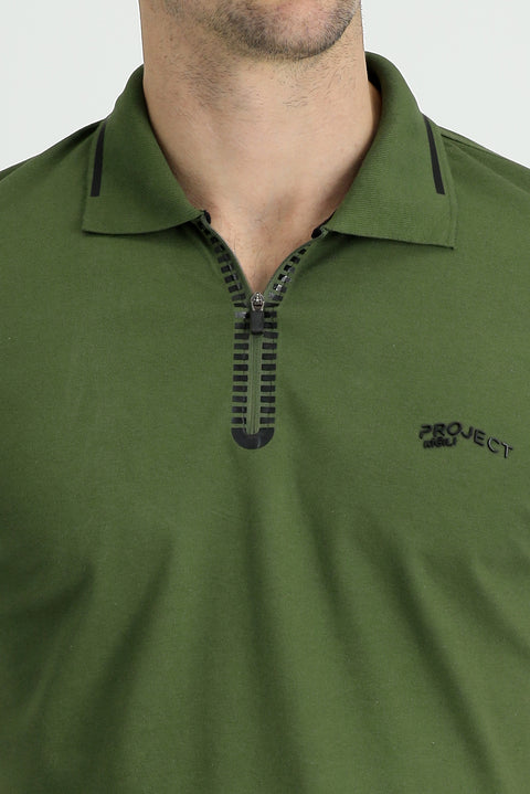Orta Haki Polo Yaka Slim Fit Dar Kesim Fermuarlı Baskılı Tişört