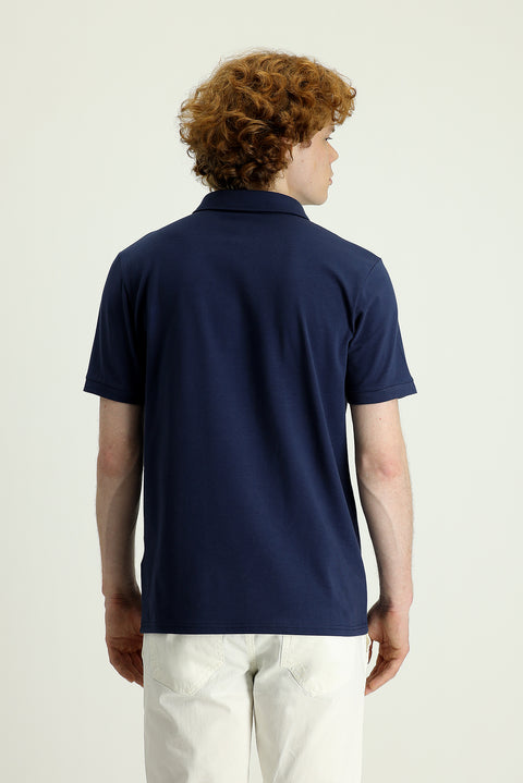 Siyah Lacivert Polo Yaka Slim Fit Dar Kesim Baskılı Pamuklu Tişört