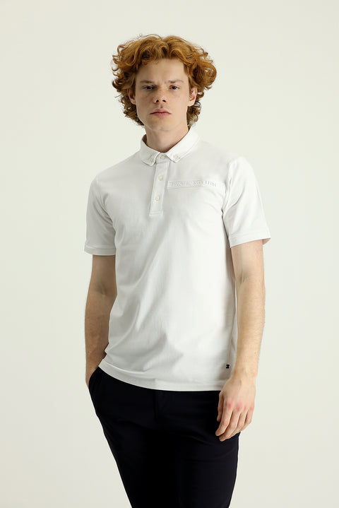 Off-White Polo Collar Slim Fit Printed Cotton T-Shirt