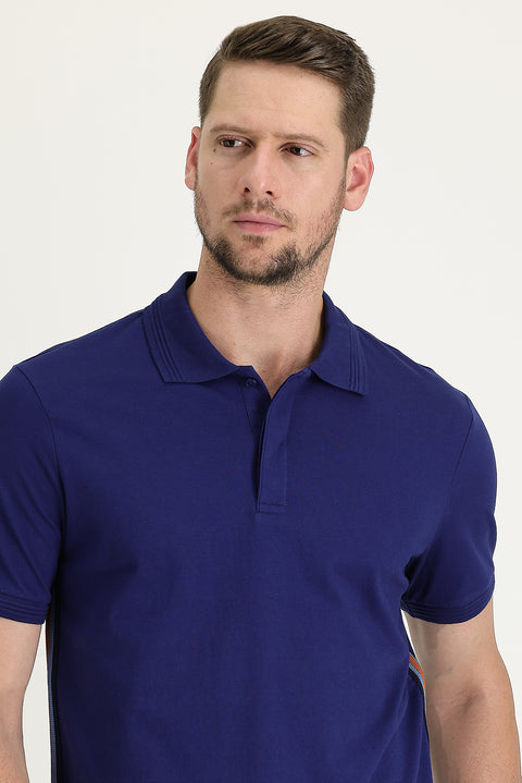 Medium Navy Polo Collar Slim Fit Narrow Cut Patterned Cotton T-shirt