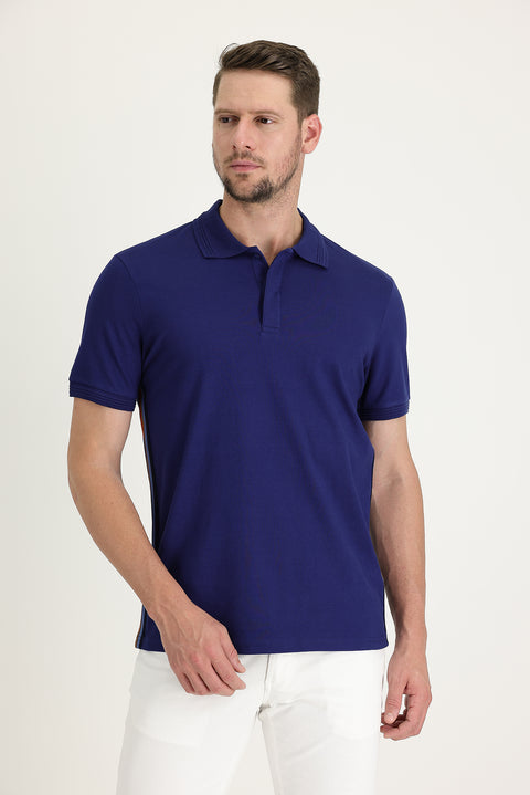 Medium Navy Polo Collar Slim Fit Narrow Cut Patterned Cotton T-shirt