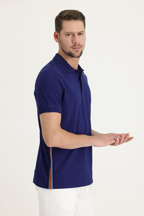 Medium Navy Polo Collar Slim Fit Narrow Cut Patterned Cotton T-shirt