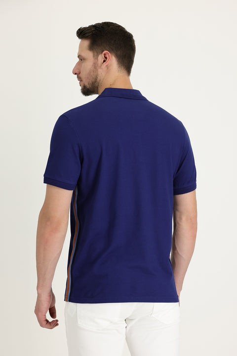 Medium Navy Polo Collar Slim Fit Narrow Cut Patterned Cotton T-shirt