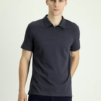 Black Polo Collar Slim Fit Narrow Cut Zip-Up Cotton T-Shirt