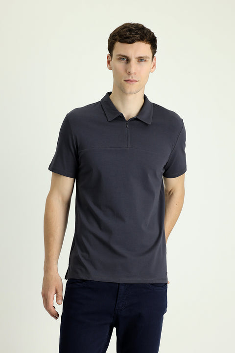 Black Polo Collar Slim Fit Narrow Cut Zip-Up Cotton T-Shirt