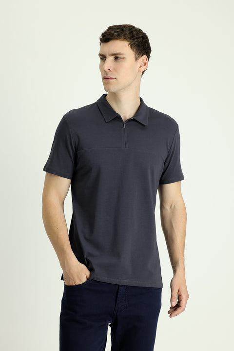 Black Polo Collar Slim Fit Narrow Cut Zip-Up Cotton T-Shirt