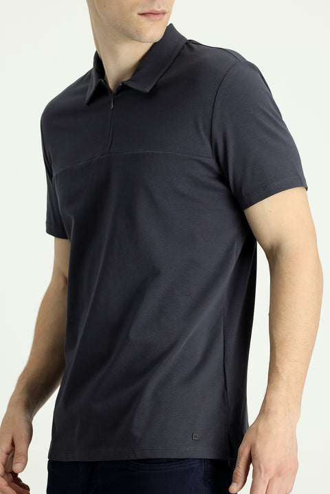 Black Polo Collar Slim Fit Narrow Cut Zip-Up Cotton T-Shirt