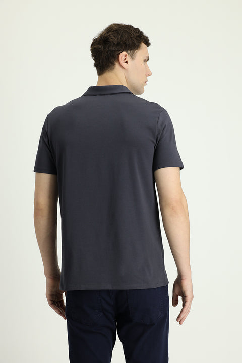 Black Polo Collar Slim Fit Narrow Cut Zip-Up Cotton T-Shirt