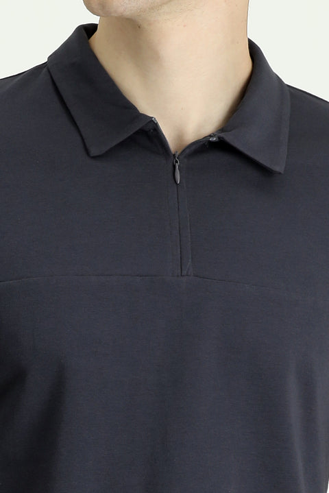 Black Polo Collar Slim Fit Narrow Cut Zip-Up Cotton T-Shirt