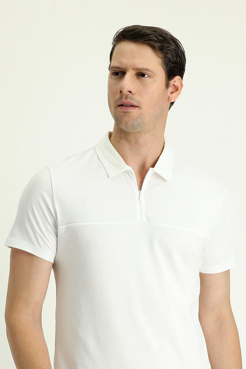 Off-White Polo Collar Slim Fit Narrow Cut Zip-Up Cotton T-Shirt