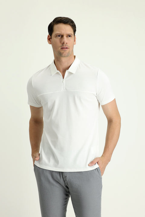 Off-White Polo Collar Slim Fit Narrow Cut Zip-Up Cotton T-Shirt