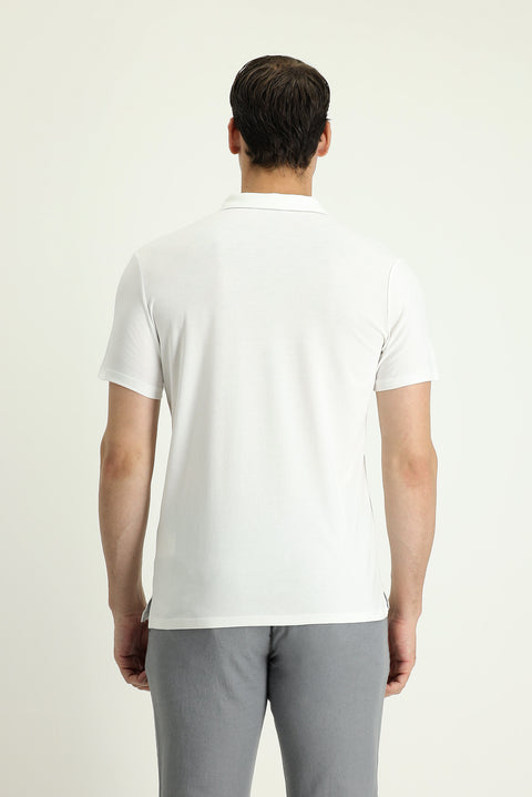 Off-White Polo Collar Slim Fit Narrow Cut Zip-Up Cotton T-Shirt