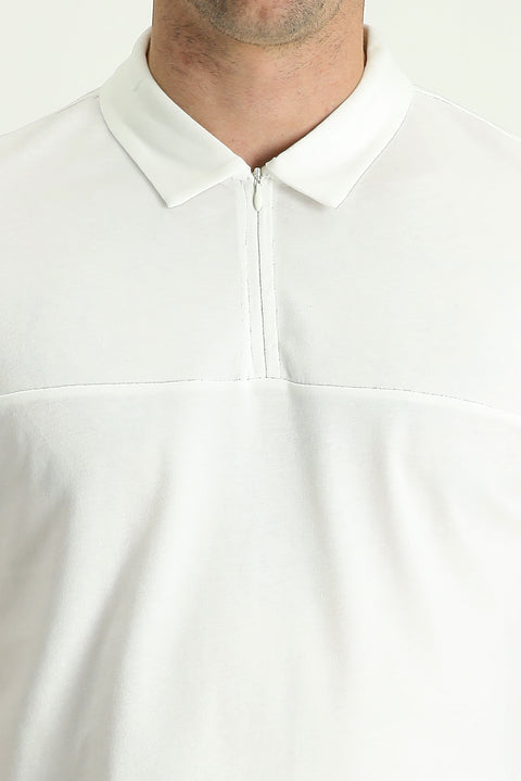 Off-White Polo Collar Slim Fit Narrow Cut Zip-Up Cotton T-Shirt