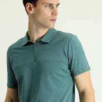 Moss Green Polo Collar Slim Fit Zippered Cotton T-Shirt