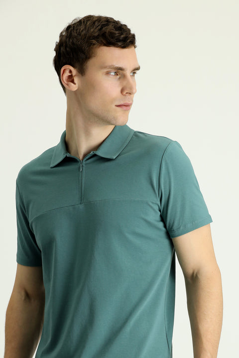 Moss Green Polo Collar Slim Fit Zippered Cotton T-Shirt