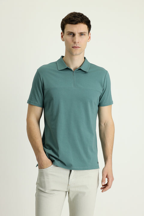 Moss Green Polo Collar Slim Fit Zippered Cotton T-Shirt