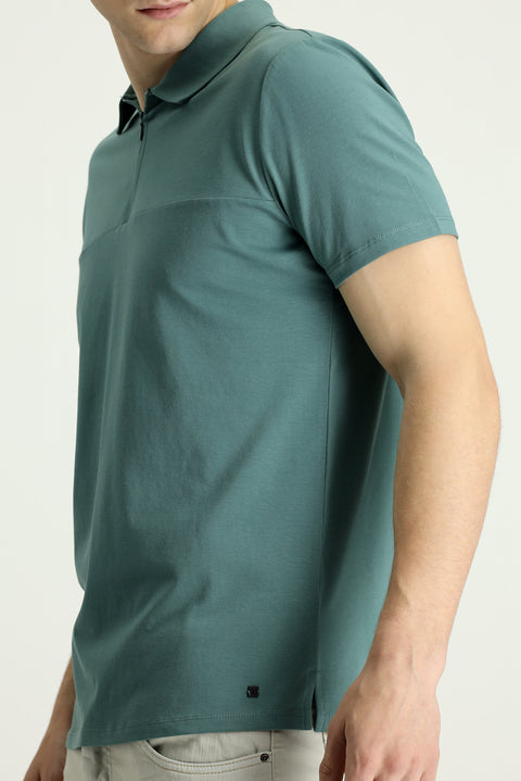 Moss Green Polo Collar Slim Fit Zippered Cotton T-Shirt