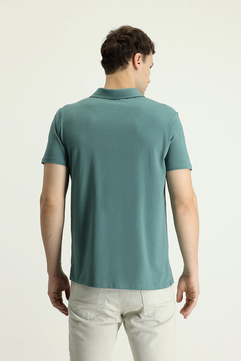 Moss Green Polo Collar Slim Fit Zippered Cotton T-Shirt