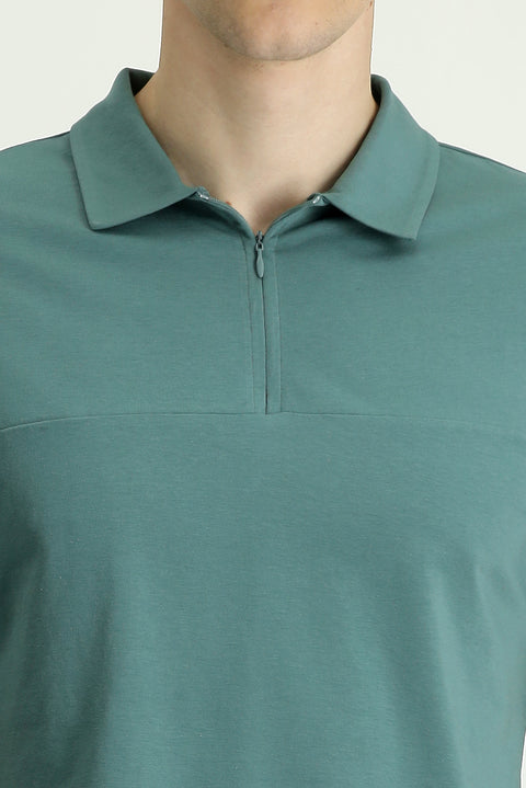 Moss Green Polo Collar Slim Fit Zippered Cotton T-Shirt