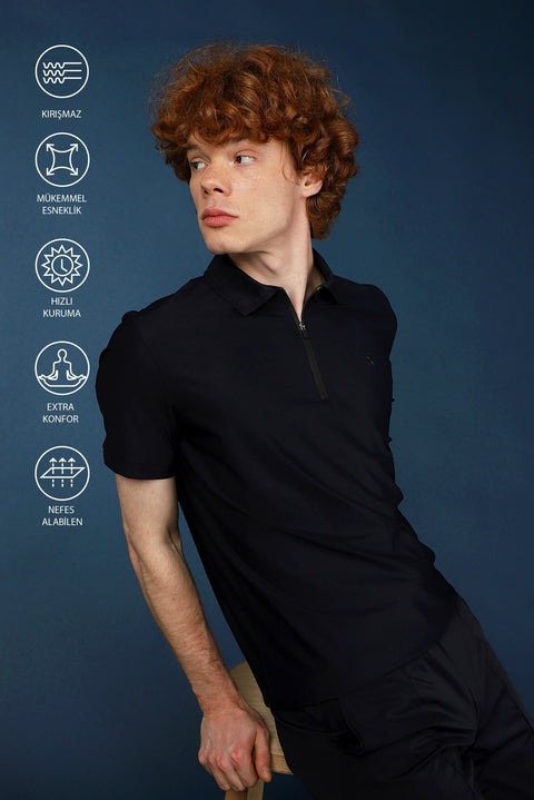 Dark Navy Techno-Line Polo Shirt with Slim Fit and Zip-Up Closure