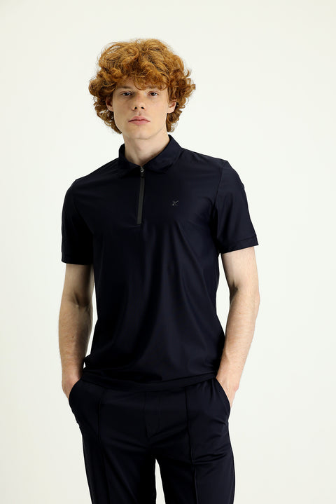 Dark Navy Techno-Line Polo Shirt with Slim Fit and Zip-Up Closure