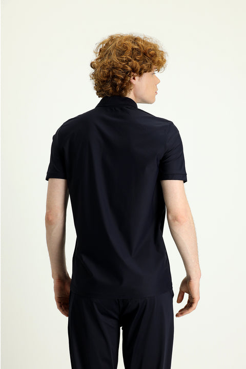 Dark Navy Techno-Line Polo Shirt with Slim Fit and Zip-Up Closure