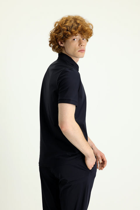 Dark Navy Techno-Line Polo Shirt with Slim Fit and Zip-Up Closure