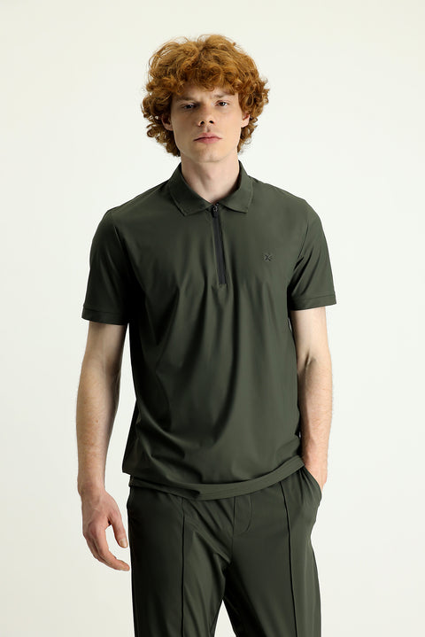 Orta Haki Techno-Line Polo Yaka Slim Fit Dar Kesim Fermuarlı Tişört