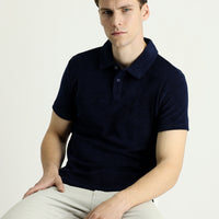 Black Navy Polo Neck Slim Fit Narrow Cut Cotton Terry Cloth T-Shirt