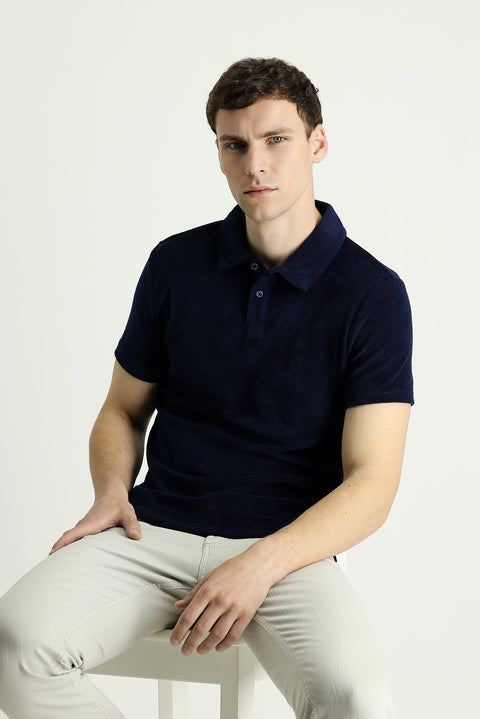 Black Navy Polo Neck Slim Fit Narrow Cut Cotton Terry Cloth T-Shirt