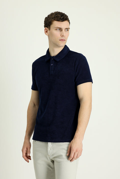 Black Navy Polo Neck Slim Fit Narrow Cut Cotton Terry Cloth T-Shirt