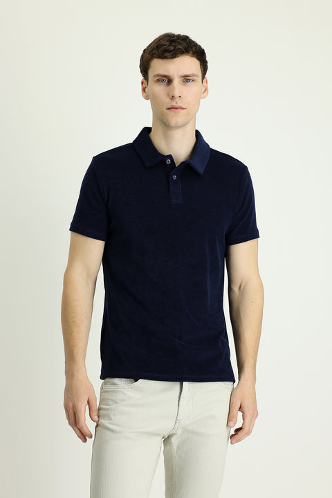 Black Navy Polo Neck Slim Fit Narrow Cut Cotton Terry Cloth T-Shirt