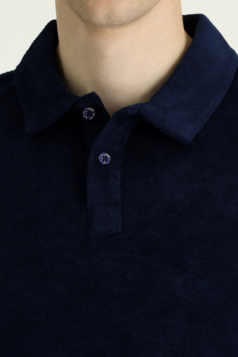Black Navy Polo Neck Slim Fit Narrow Cut Cotton Terry Cloth T-Shirt