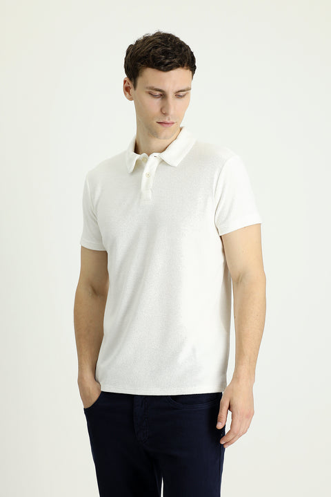 Off-White Polo Collar Slim Fit Narrow Cut Cotton Terry T-Shirt