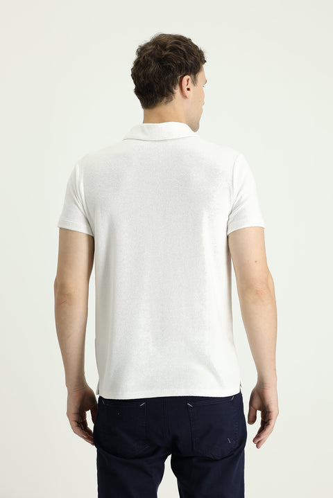 Off-White Polo Collar Slim Fit Narrow Cut Cotton Terry T-Shirt