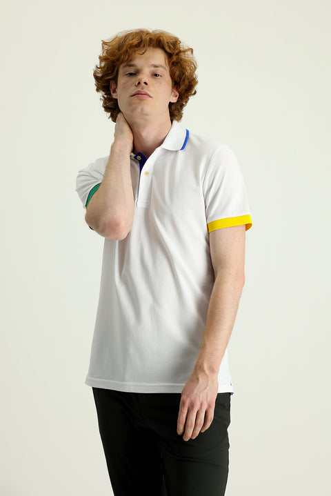 White Polo Collar Slim Fit Patterned T-shirt