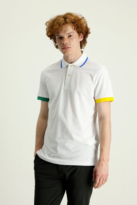 White Polo Collar Slim Fit Patterned T-shirt