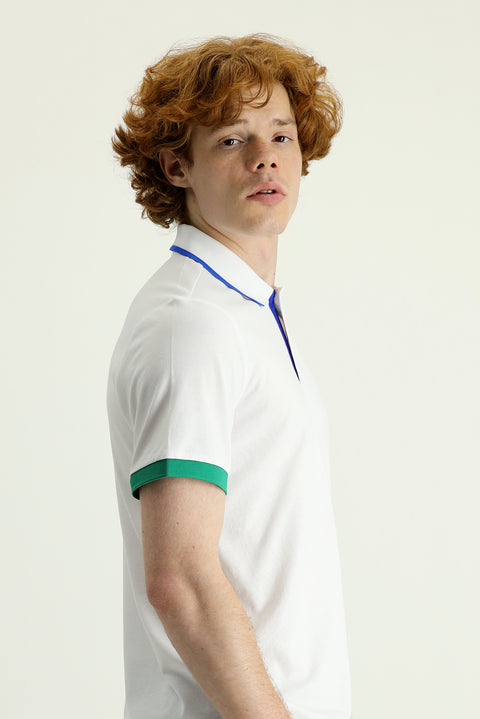White Polo Collar Slim Fit Patterned T-shirt