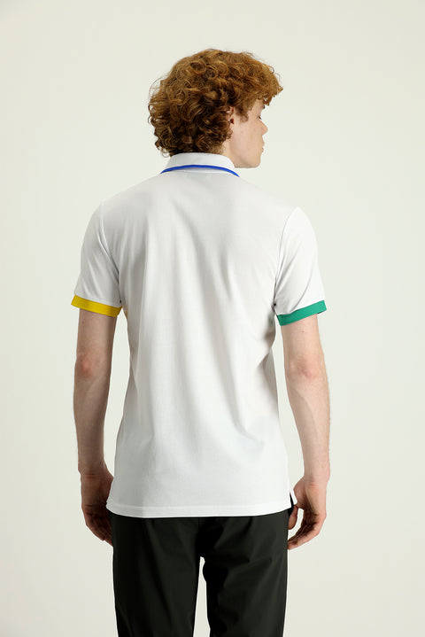White Polo Collar Slim Fit Patterned T-shirt