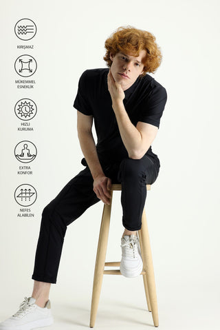  Siyah Techno-Line Slim Fit Dar Kesim Sweatpant / Eşofman Altı