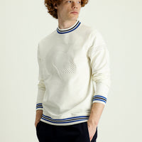 Cream Crew Neck Slim Fit Printed Cotton Sweatshirt